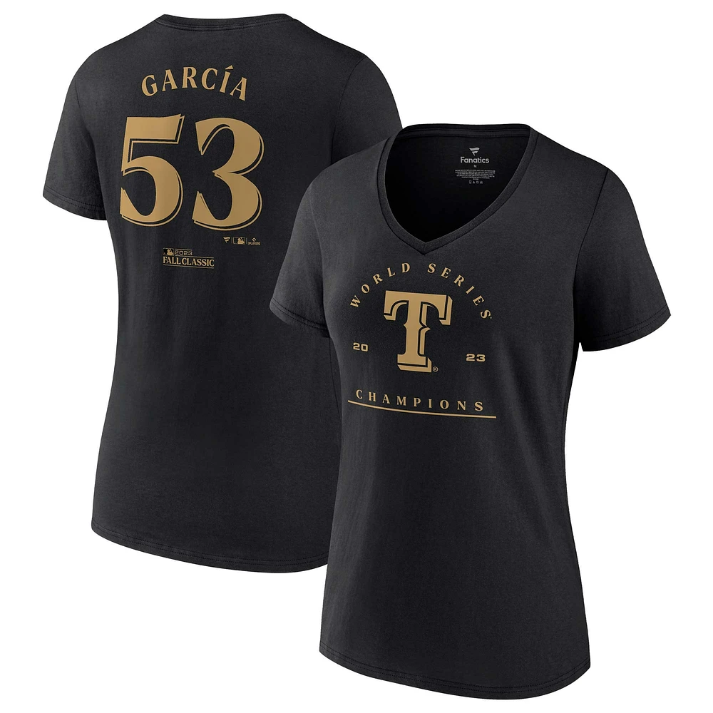 T-shirt à col en V Fanatics Adolis Garcia pour femmes, noir, Texas Rangers 2023 World Series Champions, grande taille, nom et numéro