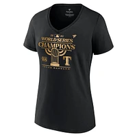 T-shirt noir à col en V Parade Fanatics pour femmes des Texas Rangers 2023 Champions de la Série mondiale grande taille