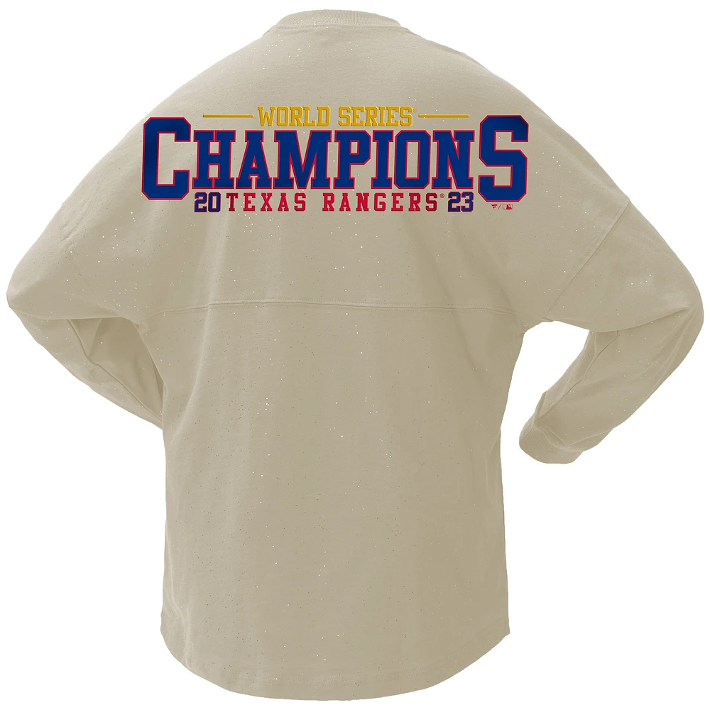 T-shirt à manches longues scintillant pour femmes Fanatics Cream Texas Rangers 2023 World Series Champions