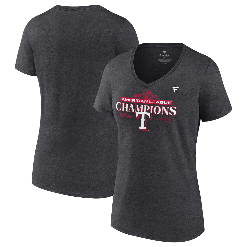 Fanatics Heather Charcoal Texas Rangers 2023 American League Champions Vestiaire T-shirt à col en V grande taille pour femmes