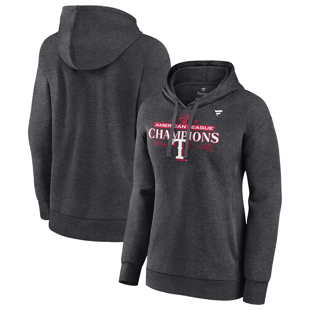 Women's Fanatics Heather Charcoal Texas Rangers 2023 American League Champions Locker Room Pullover Hoodie