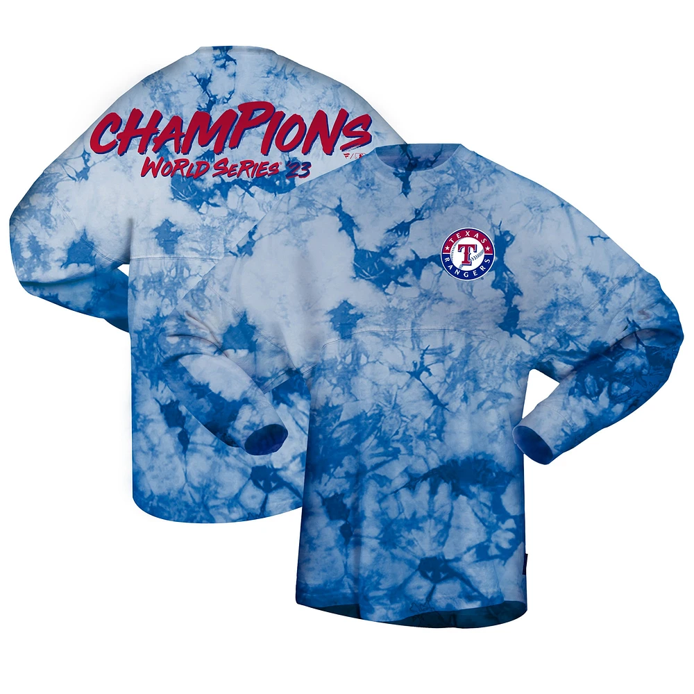 T-shirt à manches longues teinture cristal pour femmes Fanatics Royal Texas Rangers Champions de la Série mondiale 2023