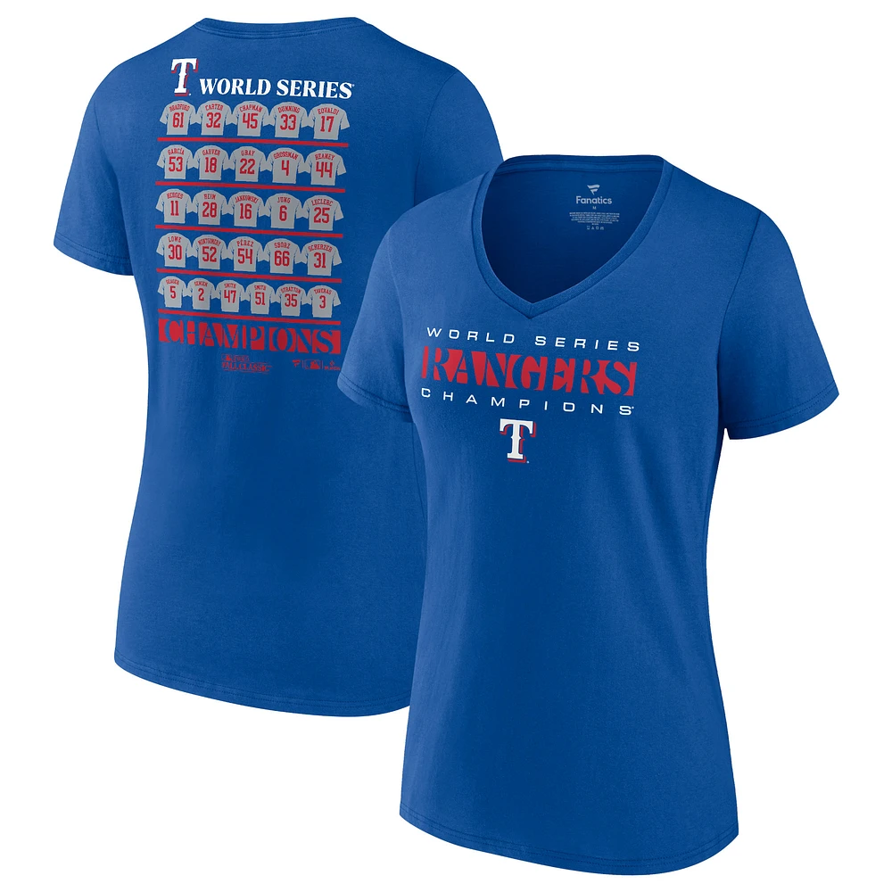 T-shirt à col en V pour femmes Fanatics Royal Texas Rangers 2023 World Series Champions Jersey Roster