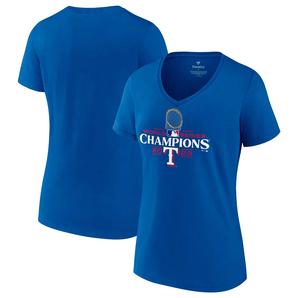 T-shirt à col en V avec logo officiel des champions de la Série mondiale 2023 Royal Texas Rangers Fanatics pour femmes