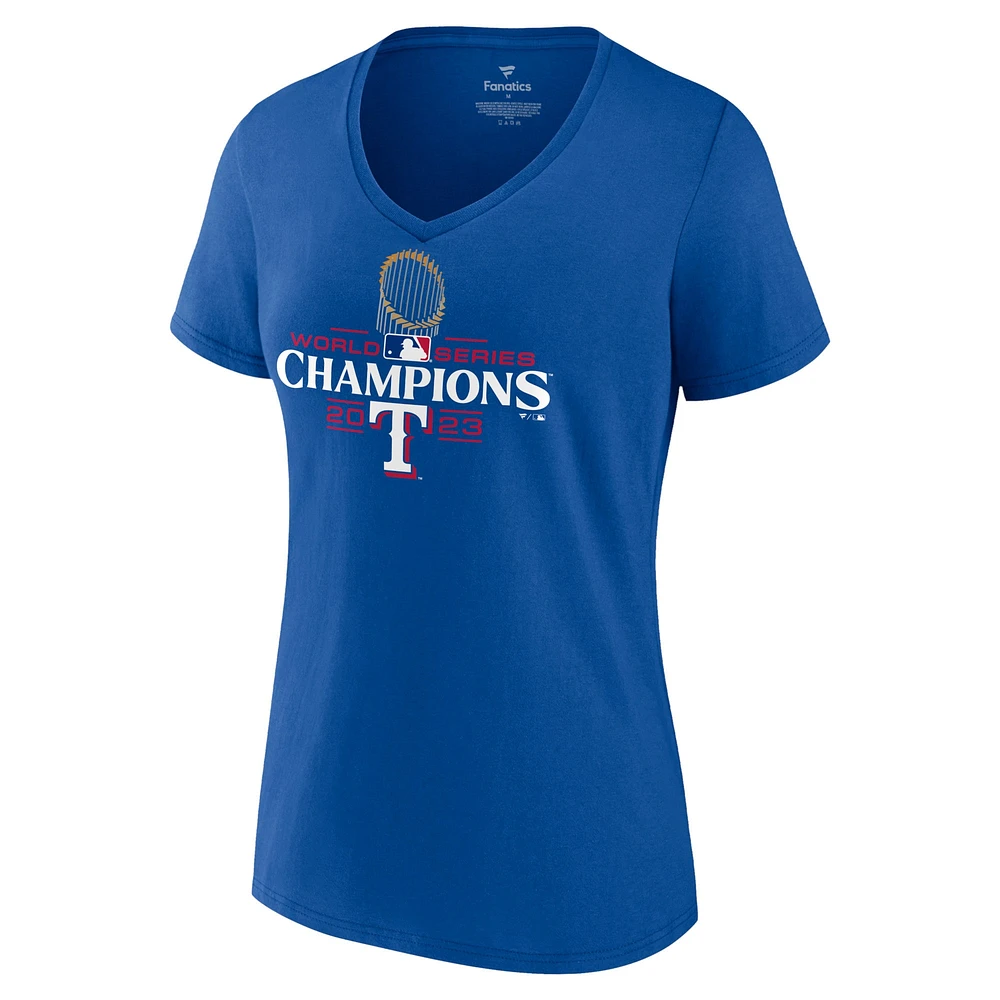 T-shirt à col en V avec logo du trophée grande taille Fanatics Royal Texas Rangers 2023 pour femmes