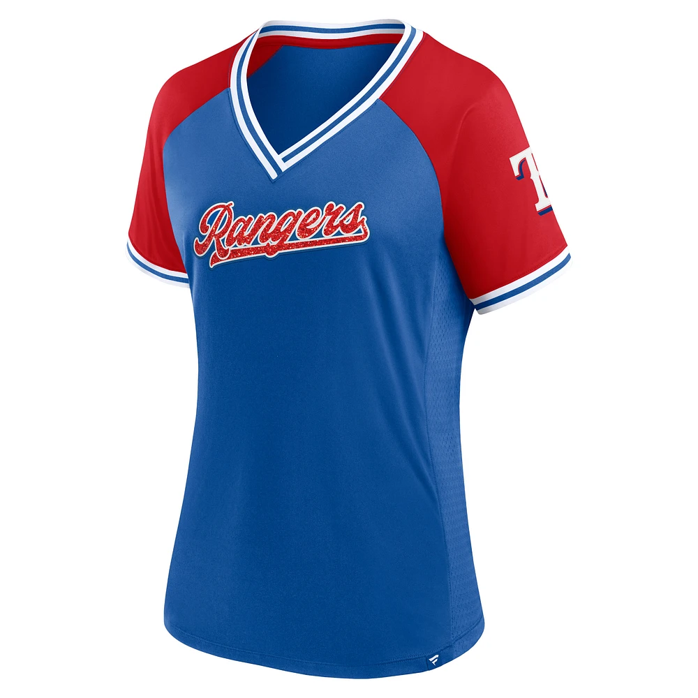 T-shirt à col en V Fanatics Royal Texas Rangers Glitz & Glam League Diva Raglan pour femmes