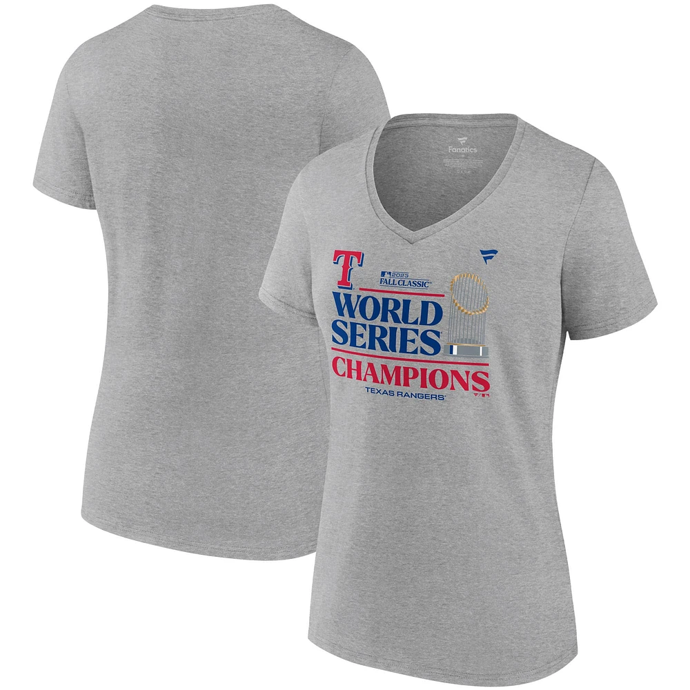 T-shirt col V gris chiné pour femme Texas Rangers Champions de la Série mondiale 2023