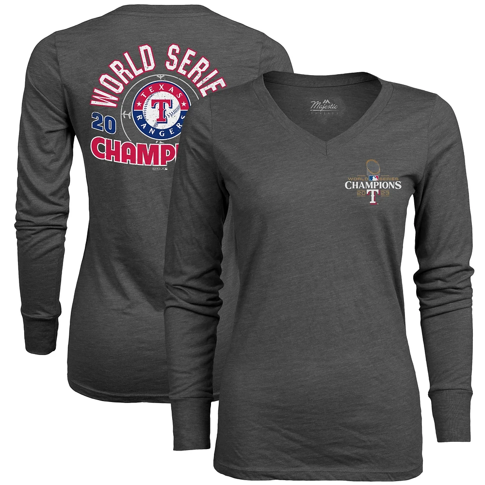 Women's Majestic Threads Charcoal Texas Rangers 2023 World Series Champions Power Play Tri-Blend Long Sleeve V-Neck T-Shirt