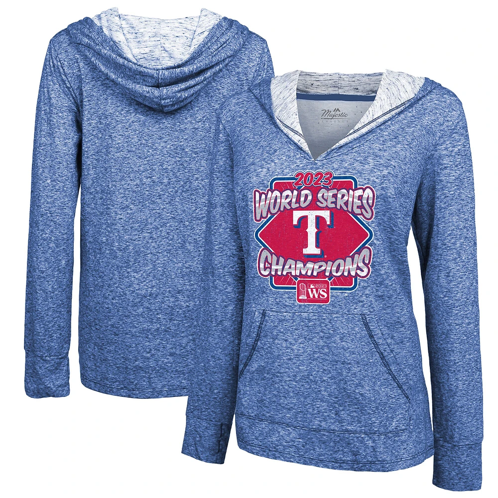 Sweat à capuche double face flammé Majestic Threads pour femmes des Royal Texas Rangers 2023 World Series Champions