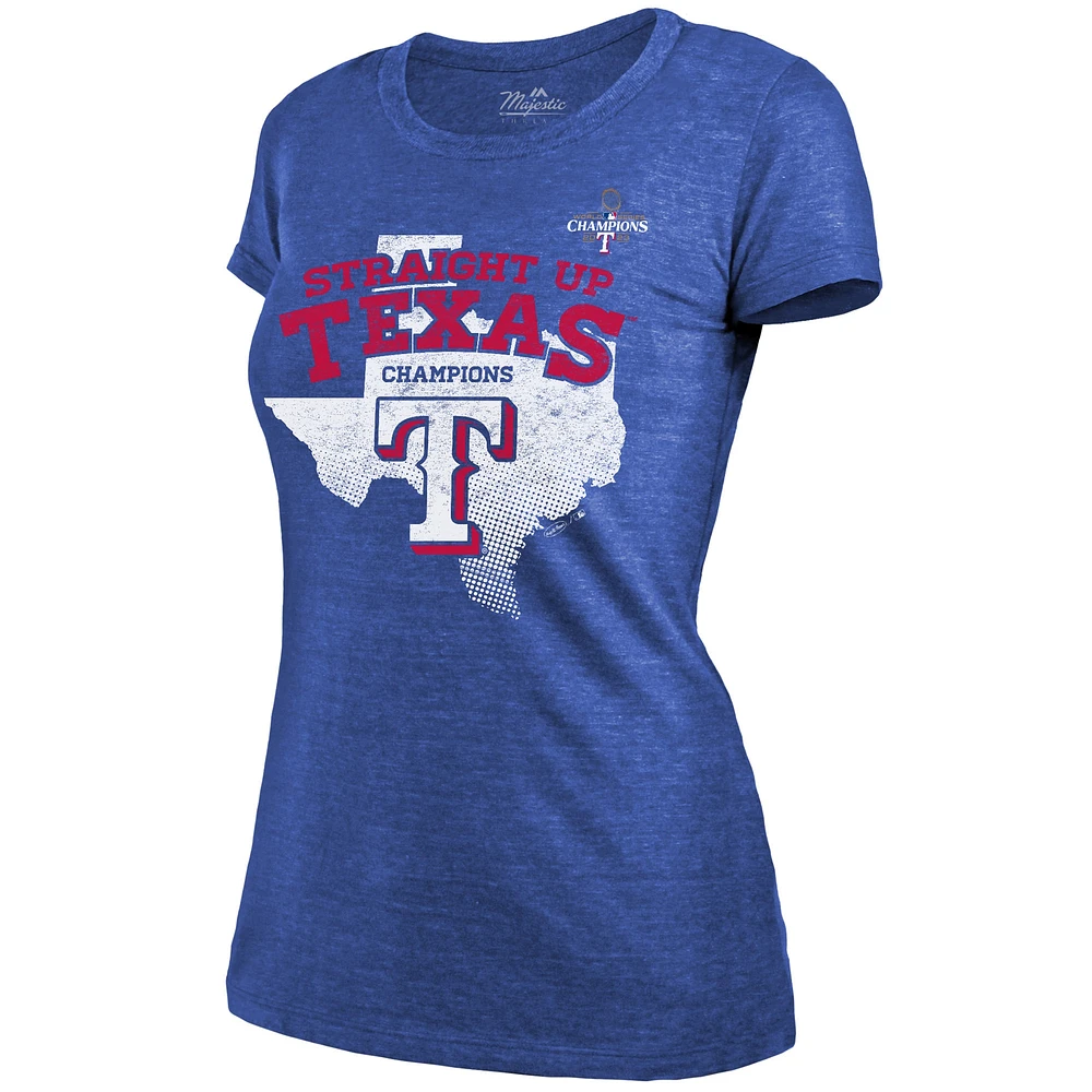 Women's Majestic Threads Royal Texas Rangers 2023 World Series Champions Local Ground Rules Roster Tri-Blend Fitted T-Shirt