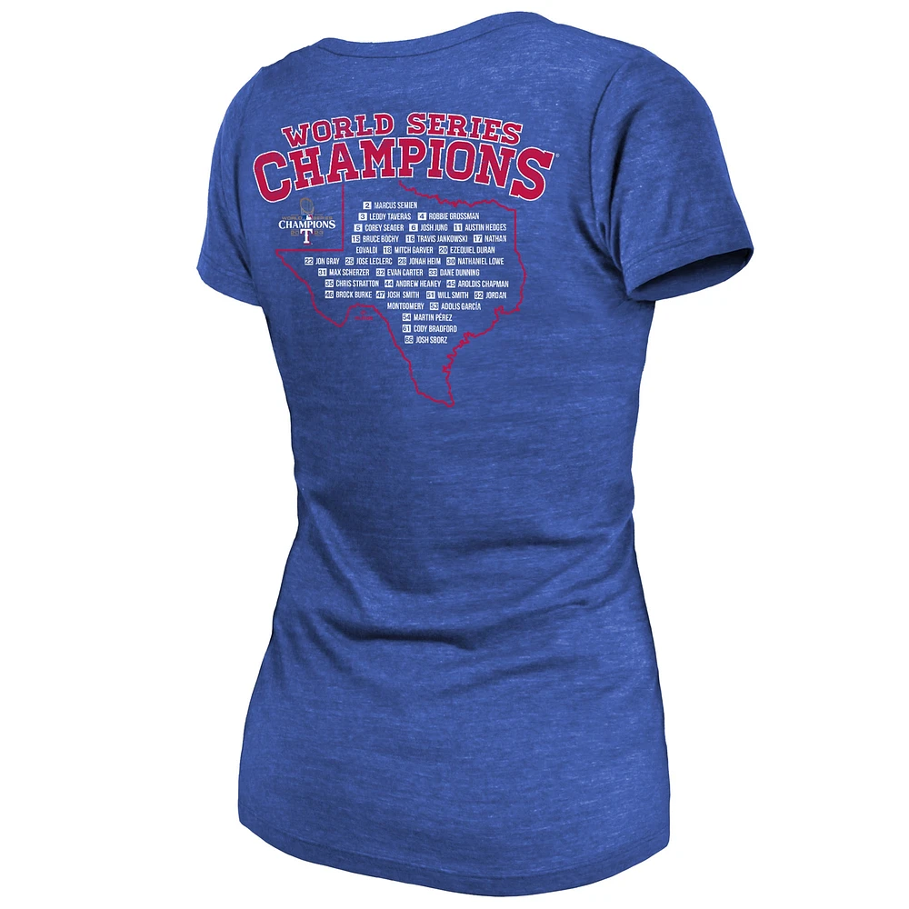 Women's Majestic Threads Royal Texas Rangers 2023 World Series Champions Local Ground Rules Roster Tri-Blend Fitted T-Shirt