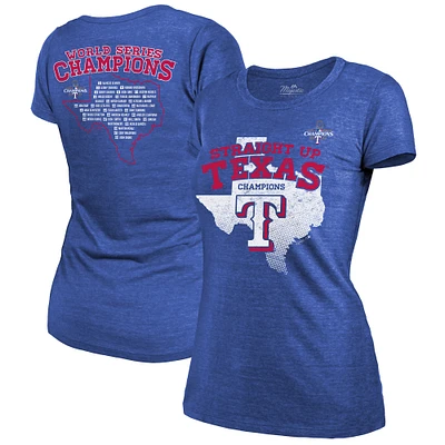 Majestic Threads pour femmes Royal Texas Rangers 2023 World Series Champions Liste des règles de base locales T-shirt ajusté à trois mélanges