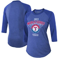 Women's Majestic Threads Royal Texas Rangers 2023 World Series Champions Out of this Raglan 3/4-Sleeve Tri-Blend Fitted T-Shirt