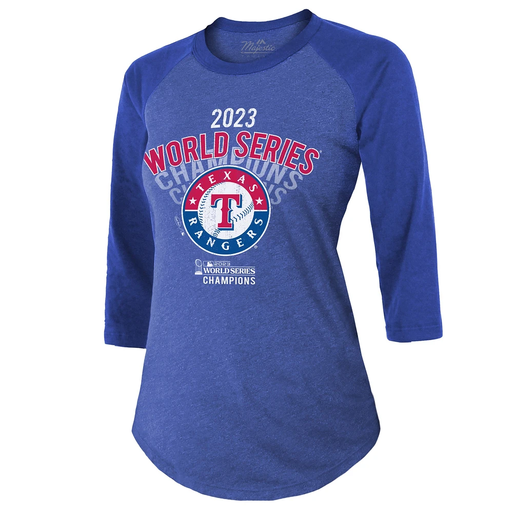 Women's Majestic Threads Royal Texas Rangers 2023 World Series Champions Out of this Raglan 3/4-Sleeve Tri-Blend Fitted T-Shirt