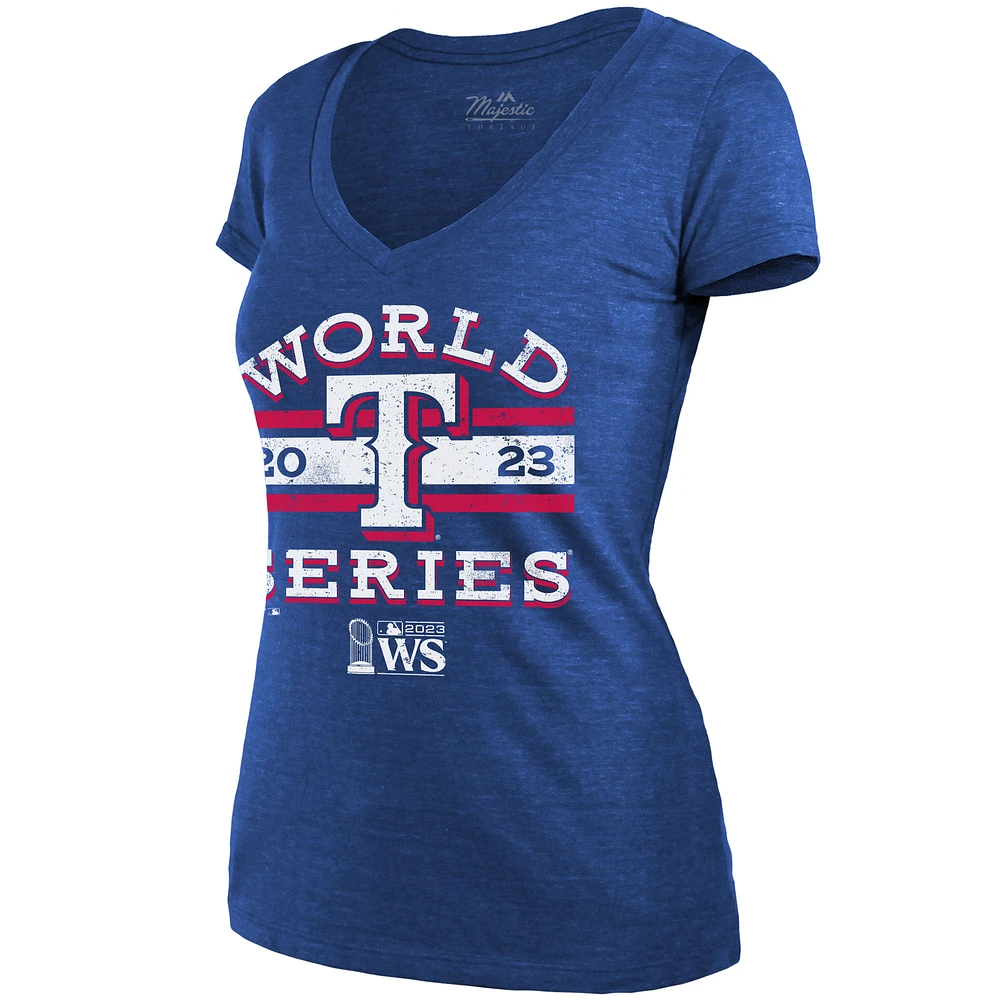 T-shirt ajusté à col en V Majestic Threads Royal Texas Rangers 2023 World Series Contact pour femmes