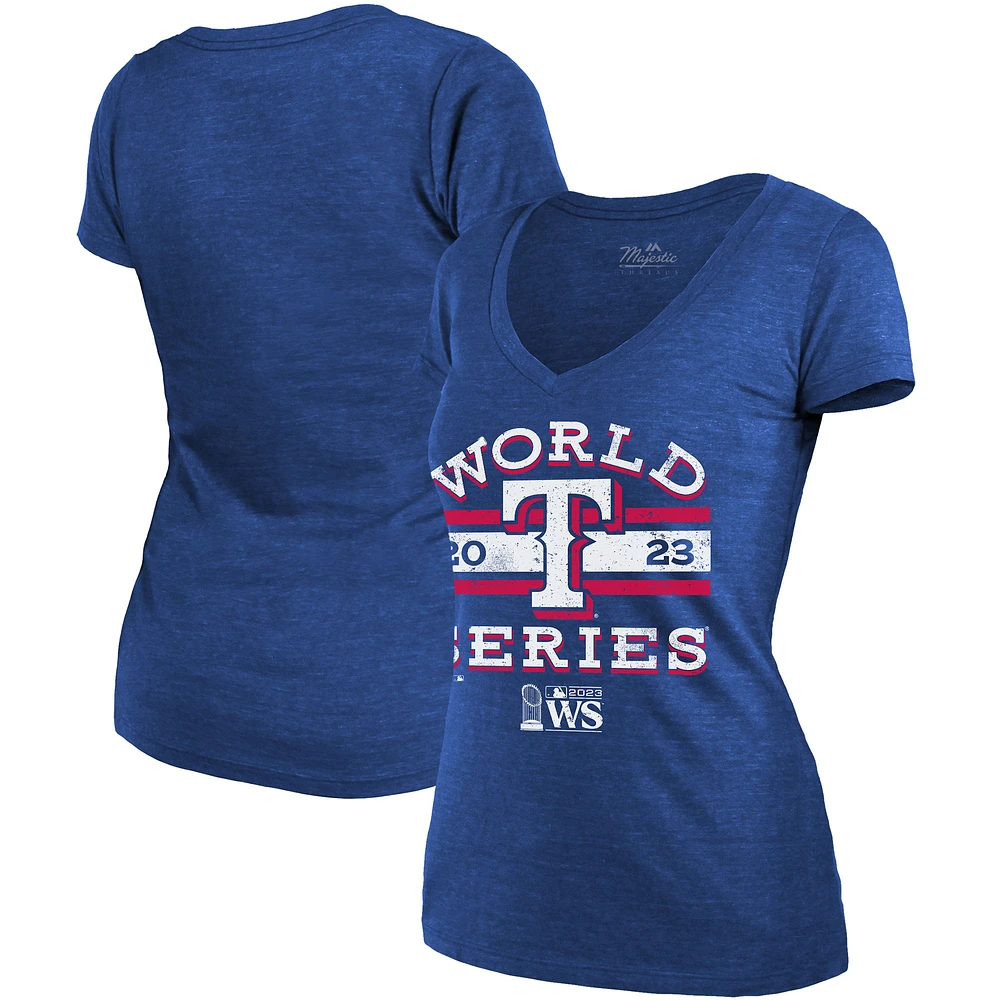 T-shirt ajusté à col en V Majestic Threads Royal Texas Rangers 2023 World Series Contact pour femmes