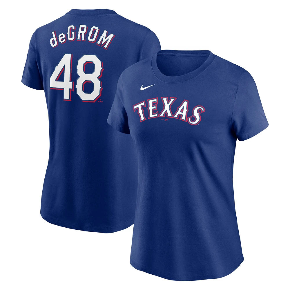 T-shirt avec nom et numéro Nike Jacob deGrom Royal Texas Rangers 2023 pour femme