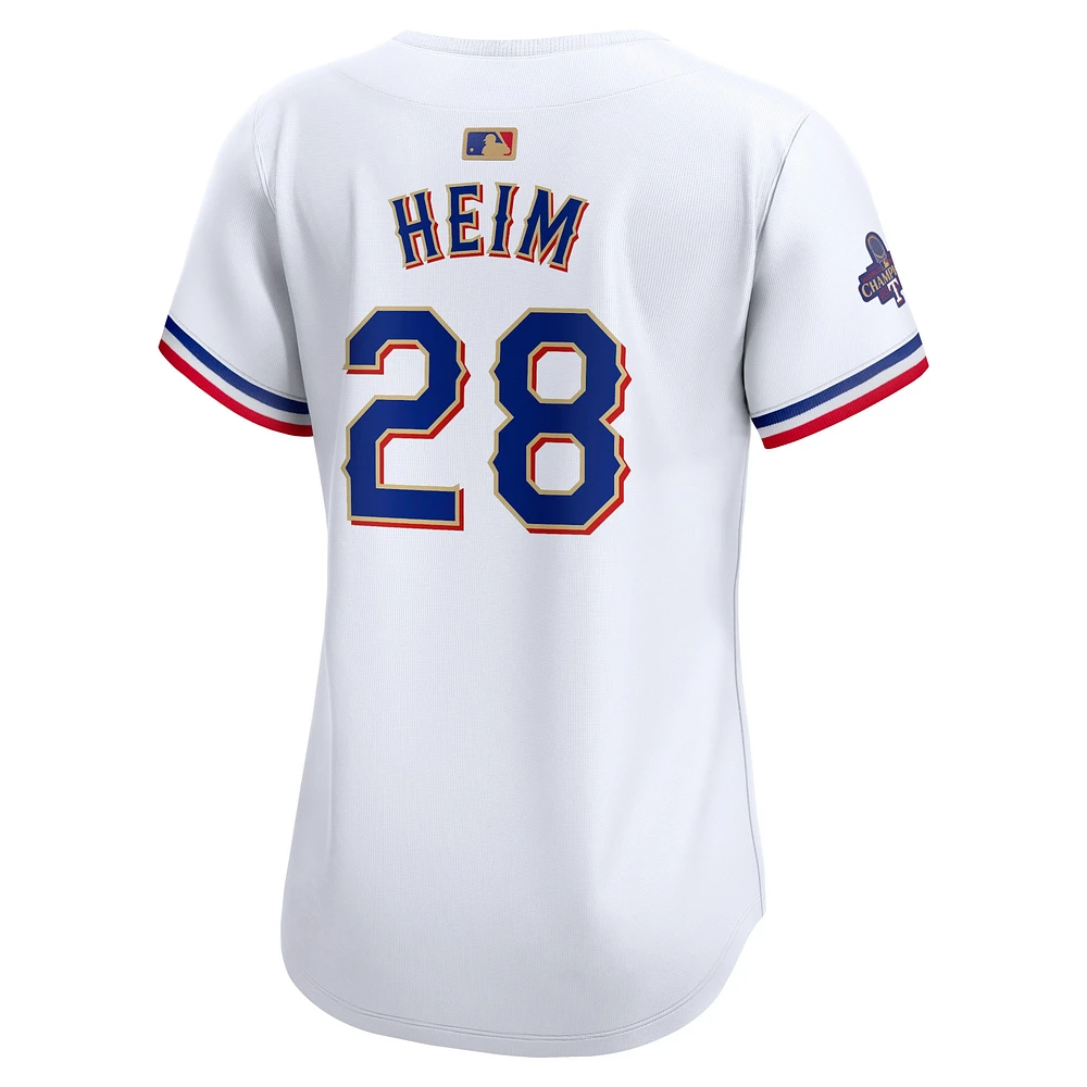 Maillot de joueur Nike Jonah Heim blanc Texas Rangers 2024 Gold Collection Limited pour femme