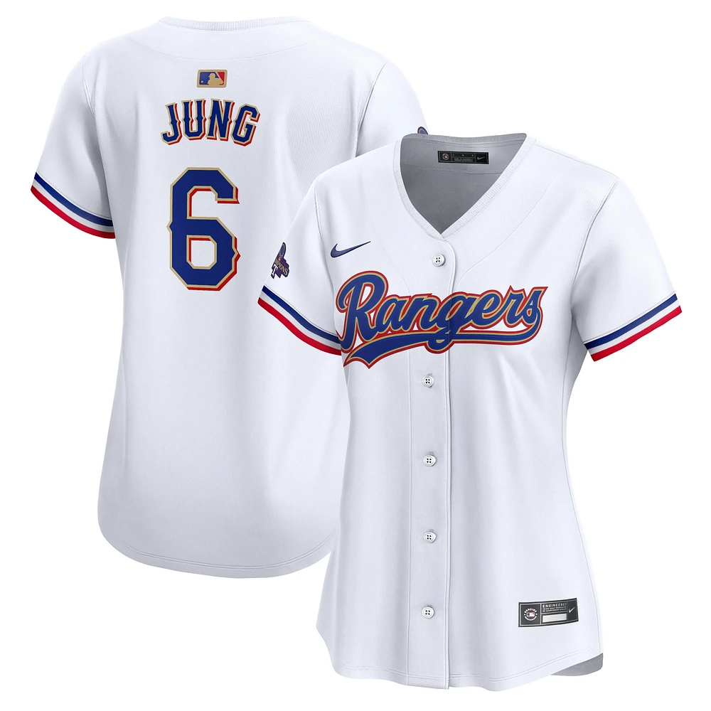 Maillot de joueur Nike Josh Jung blanc Texas Rangers 2024 Gold Collection Limited pour femme