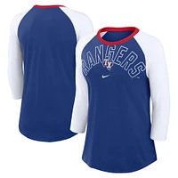 T-shirt tri-mélange raglan à manches 3/4 Nike Royal/White Texas Rangers Knockout Arch pour femme