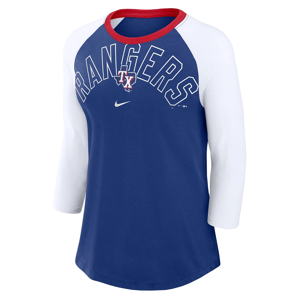 T-shirt tri-mélange raglan à manches 3/4 Nike Royal/White Texas Rangers Knockout Arch pour femme