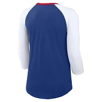 T-shirt tri-mélange raglan à manches 3/4 Nike Royal/White Texas Rangers Knockout Arch pour femme