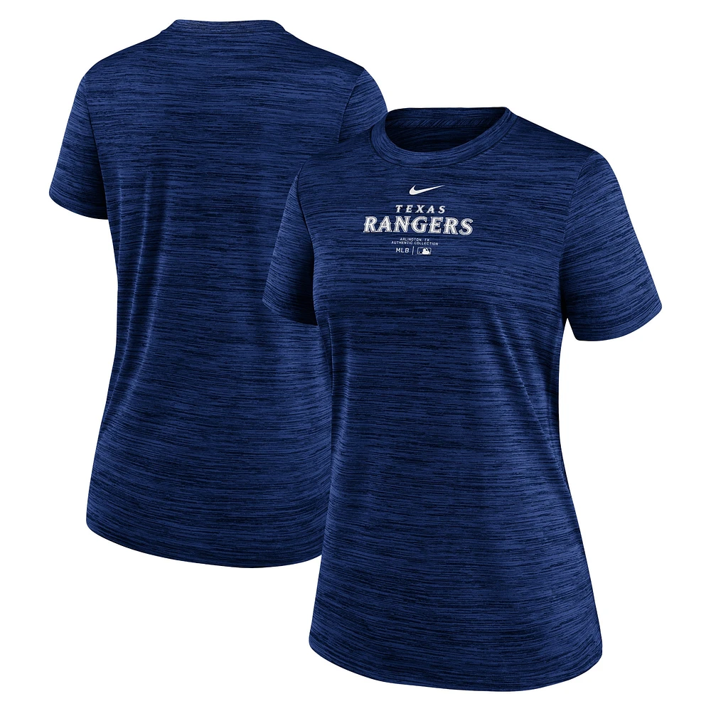 T-shirt Nike Royal Texas Rangers Authentic Collection Velocity Performance pour femme