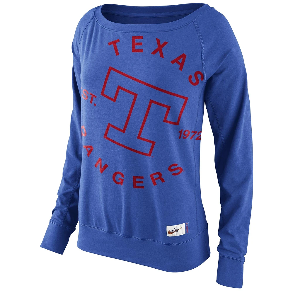 Sweat-shirt en molleton délavé Epic Crew Collection Cooperstown des Royal Texas Rangers pour femme de Nike