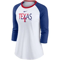 T-shirt raglan à manches 3/4 Nike Blanc/Chiné Royal Texas Rangers pour femme