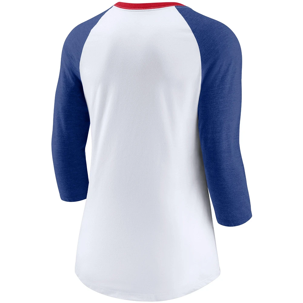 T-shirt raglan à manches 3/4 Nike Blanc/Chiné Royal Texas Rangers pour femme