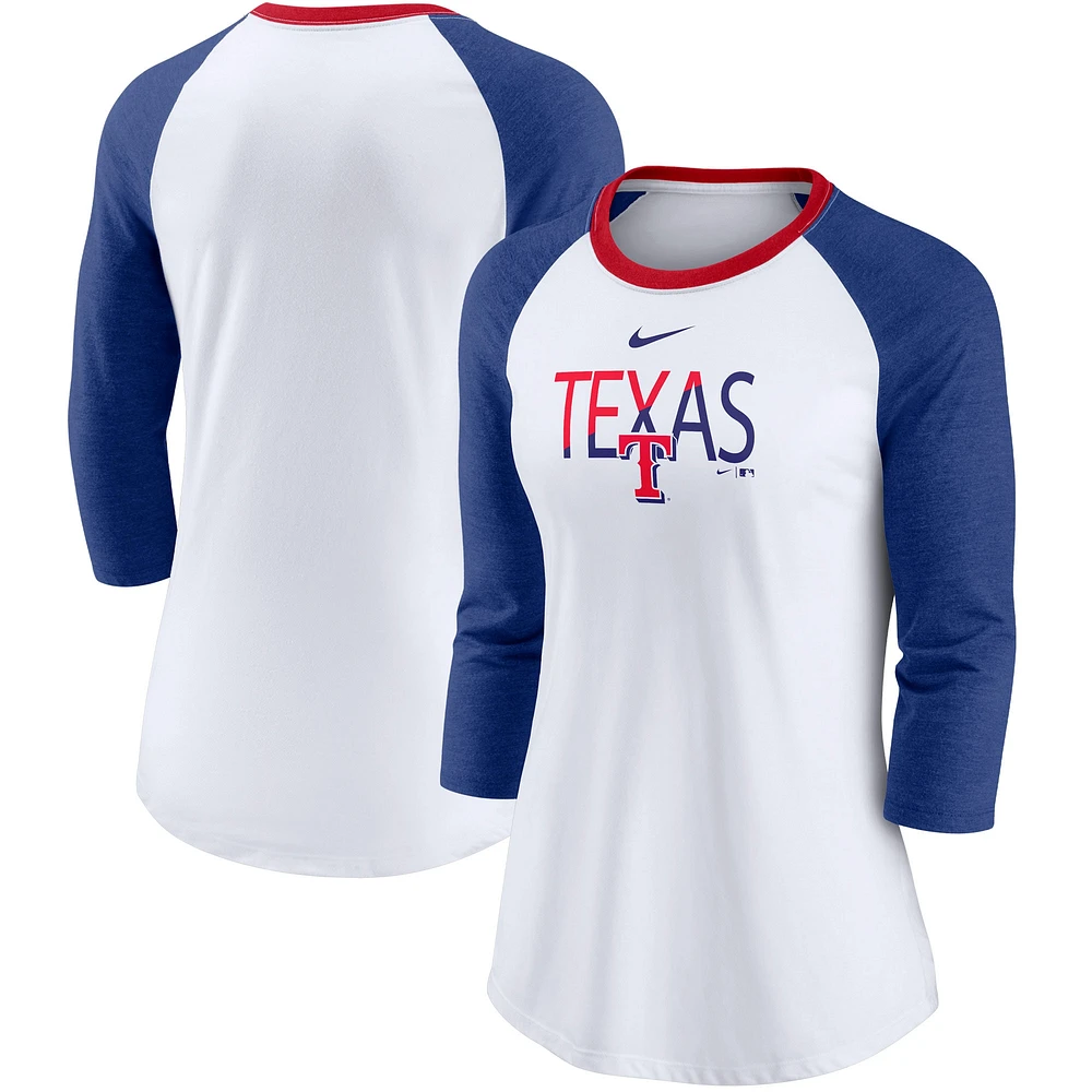 T-shirt raglan à manches 3/4 Nike Blanc/Chiné Royal Texas Rangers pour femme