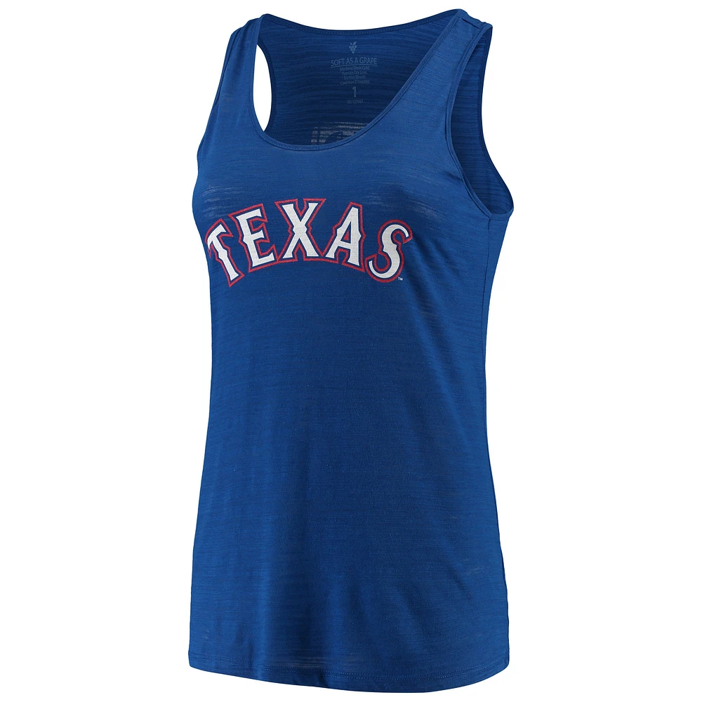 Women's Soft as a Grape Royal Texas Rangers Plus Swing for the Fences Racerback Tank Top