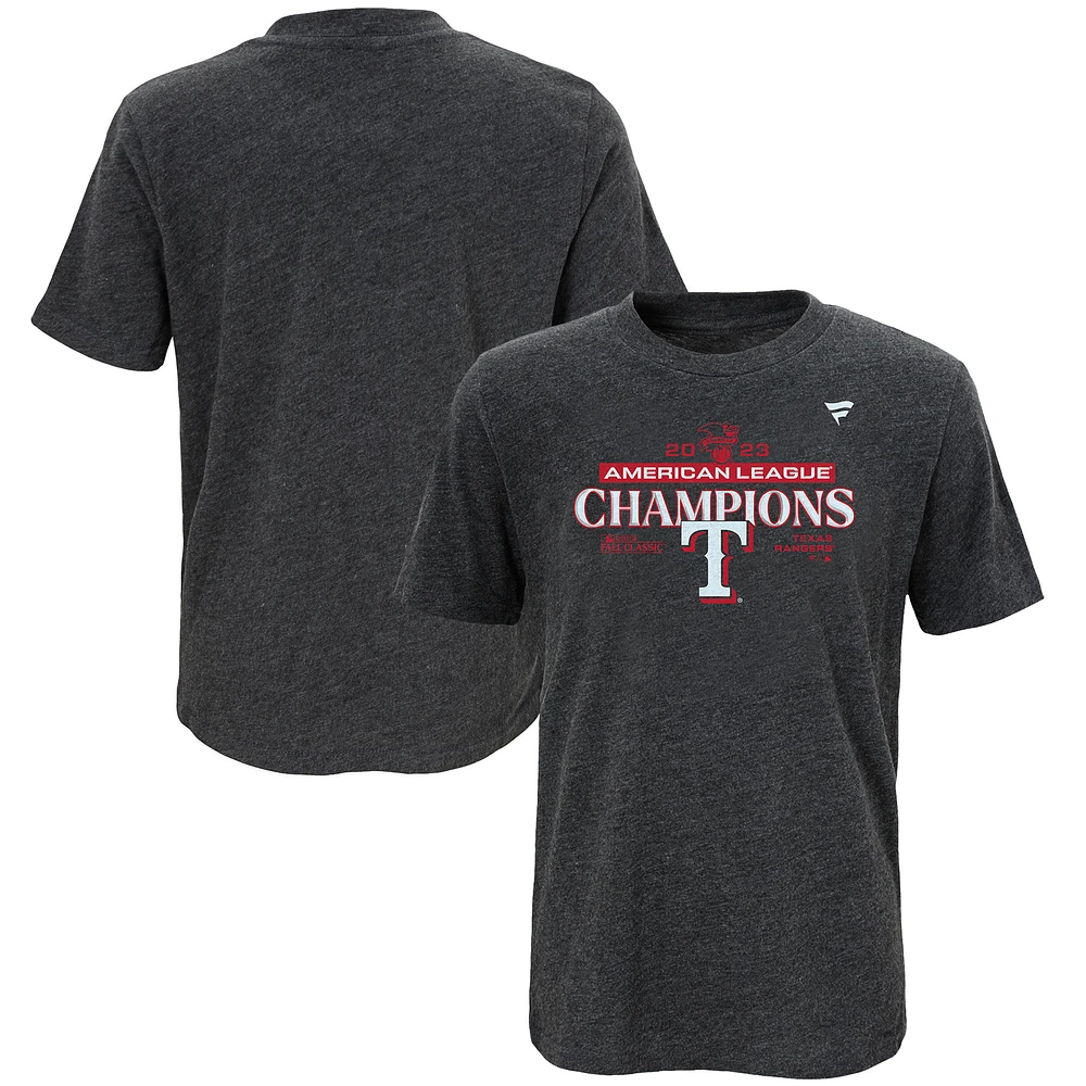 T-shirt de vestiaire des champions la Ligue américaine 2023 Texas Rangers Heather Charcoal pour jeunes fanatiques