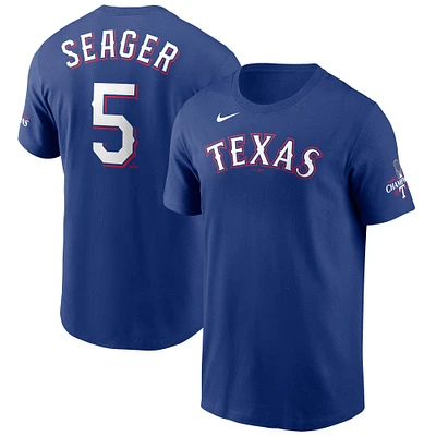 T-shirt avec nom et numéro des champions de la série mondiale 2023 Nike Corey Seager Royal Texas Rangers