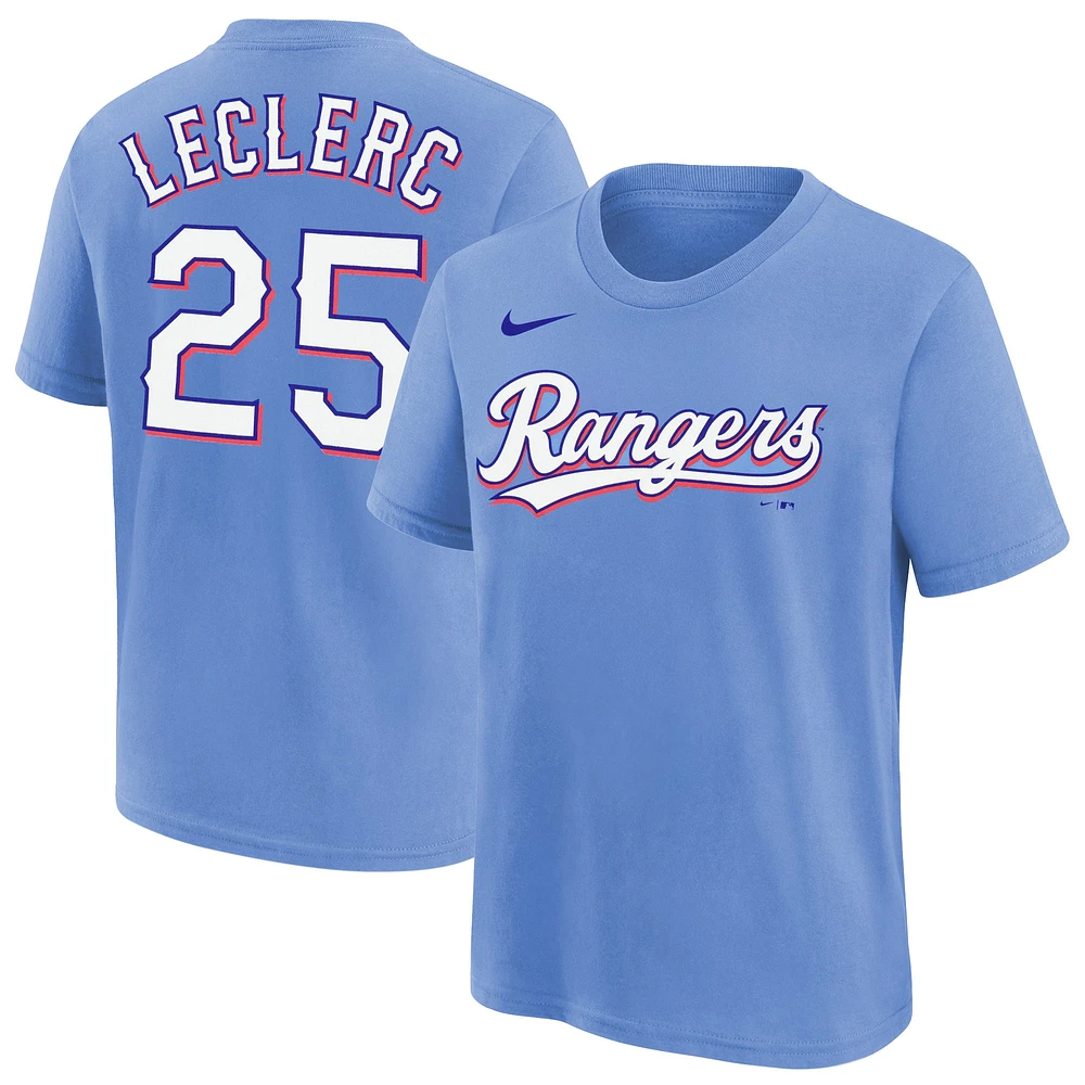 T-shirt Nike Jose Leclerc bleu clair pour jeune avec nom et numéro des Texas Rangers