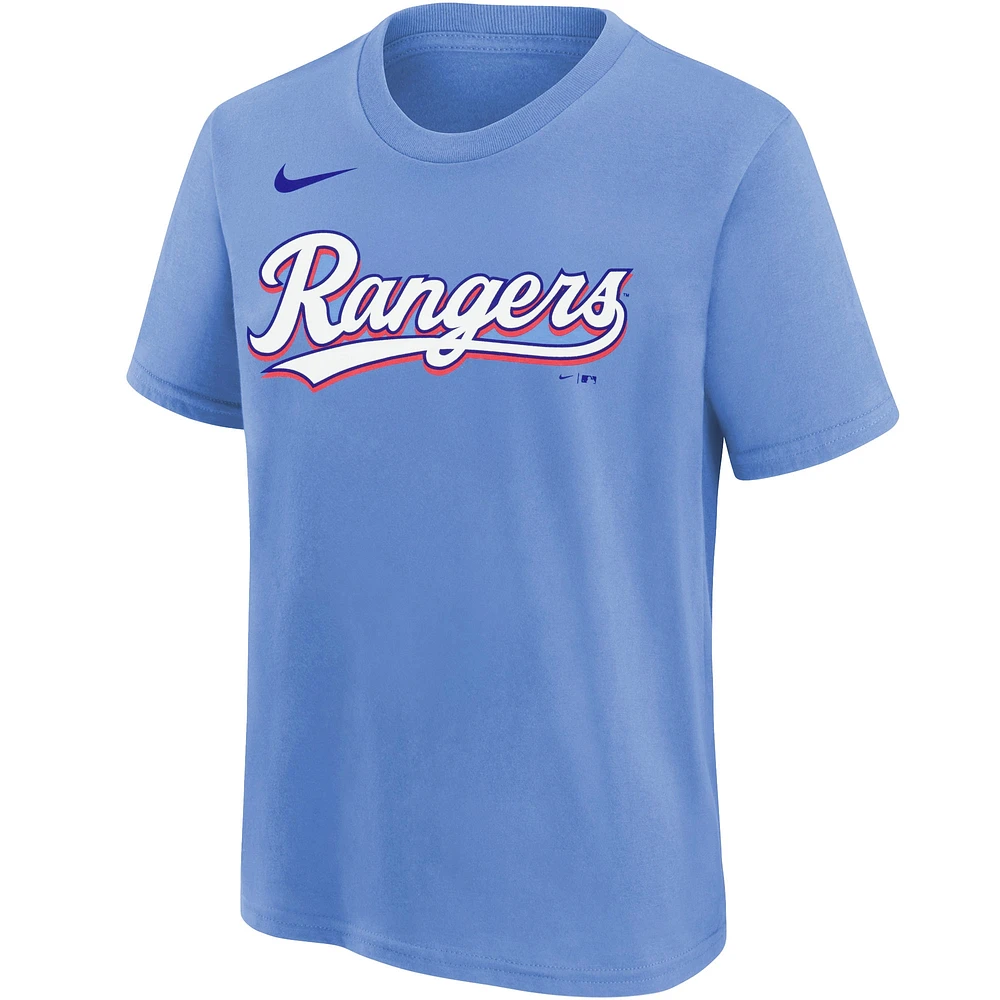 T-shirt Nike Jose Leclerc bleu clair pour jeune avec nom et numéro des Texas Rangers