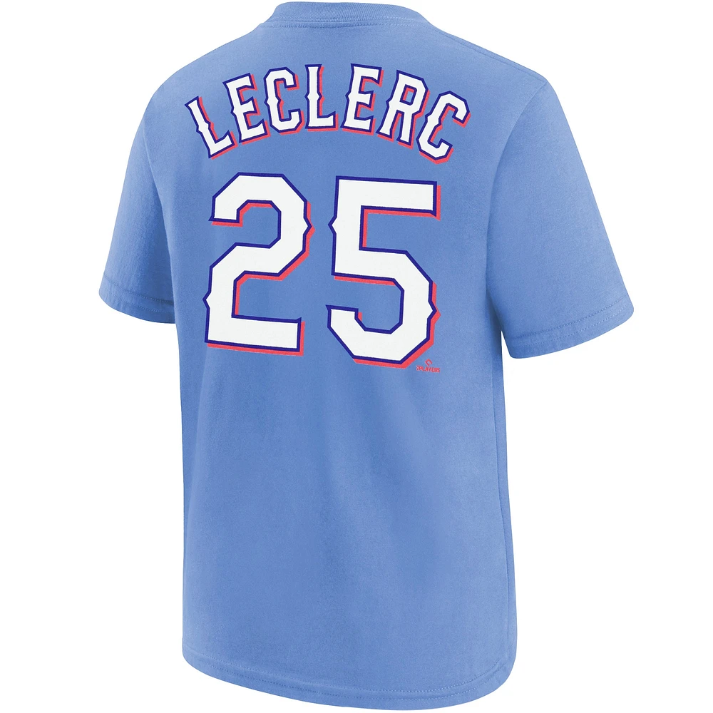 T-shirt Nike Jose Leclerc bleu clair pour jeune avec nom et numéro des Texas Rangers