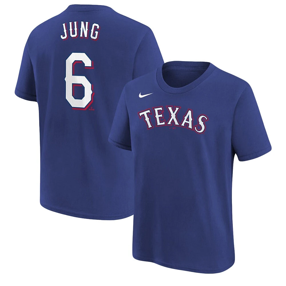 T-shirt Nike Josh Jung Royal Texas Rangers avec nom et numéro pour jeune