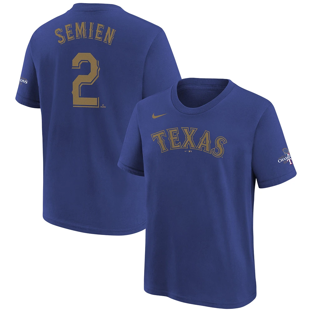 Youth Nike Marcus Semien Blue Texas Rangers 2024 Gold Collection Name & Number T-Shirt