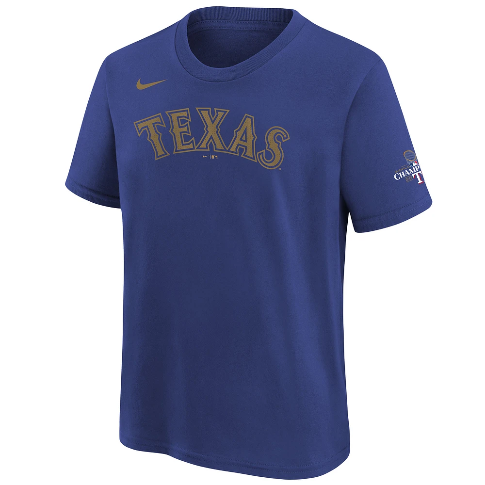 T-shirt Nike Marcus Semien pour jeunes Texas Rangers 2024 Gold Collection avec nom et numéro