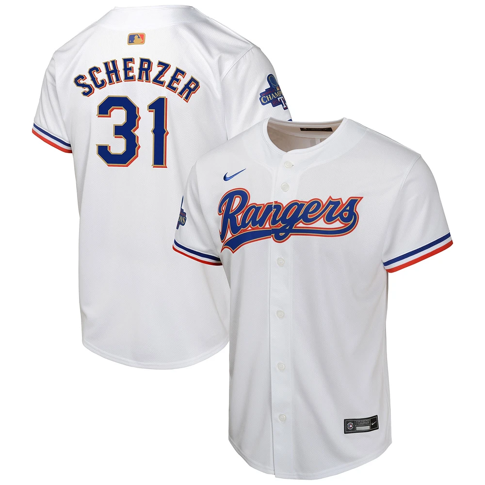 Maillot de joueur Nike Max Scherzer pour jeunes Texas Rangers, collection or 2024, blanc, limité