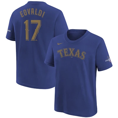 T-shirt Nike Nathan Eovaldi pour jeunes des Texas Rangers 2024 Gold Collection avec nom et numéro