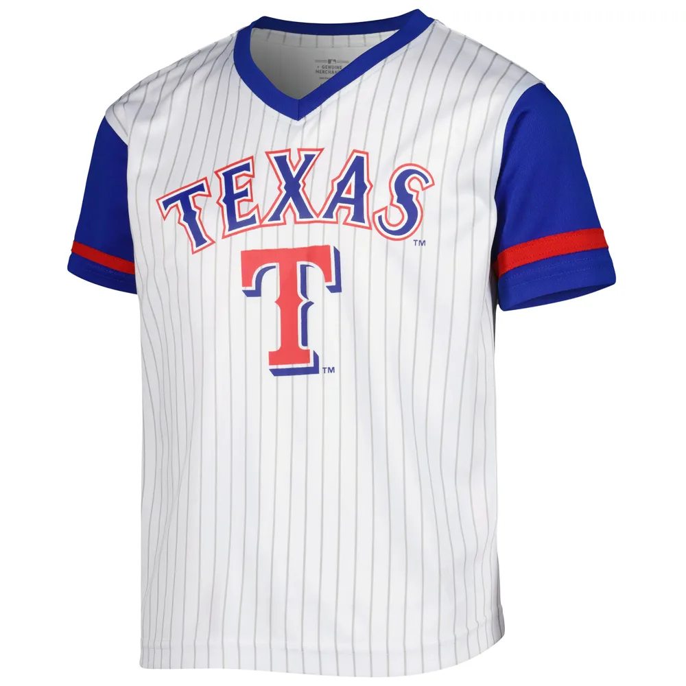 Women's Royal Texas Rangers Pinstripe Logo V-Neck T-Shirt