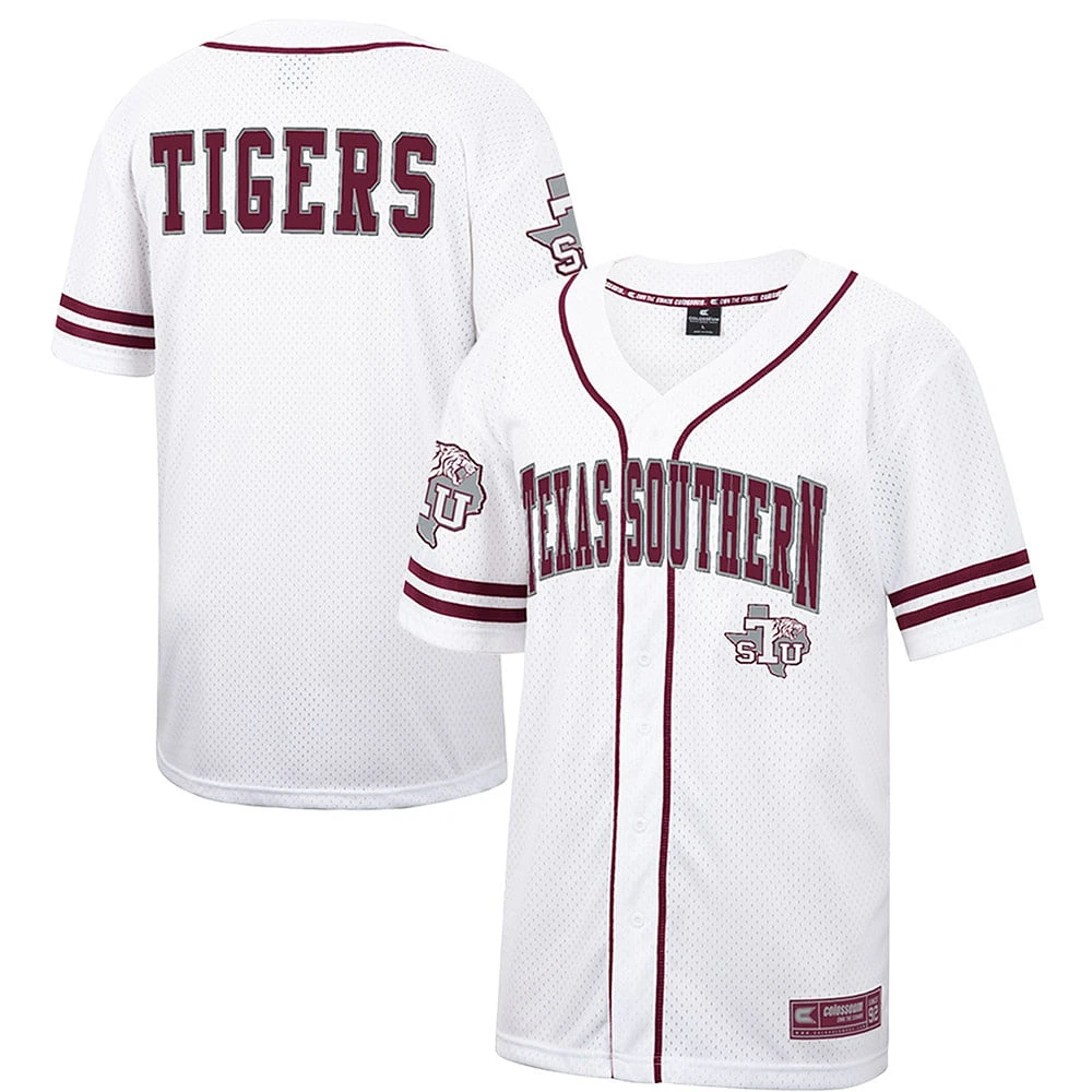 Maillot de baseball boutonné en maille Free Spirited du Texas Southern Tigers Colosseum blanc pour hommes