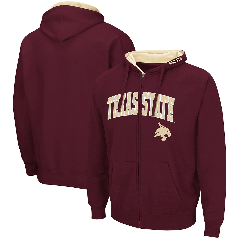 Colosseum Maroon Texas State Bobcats Arch & Logo 3.0 Sweat à capuche entièrement zippé pour homme