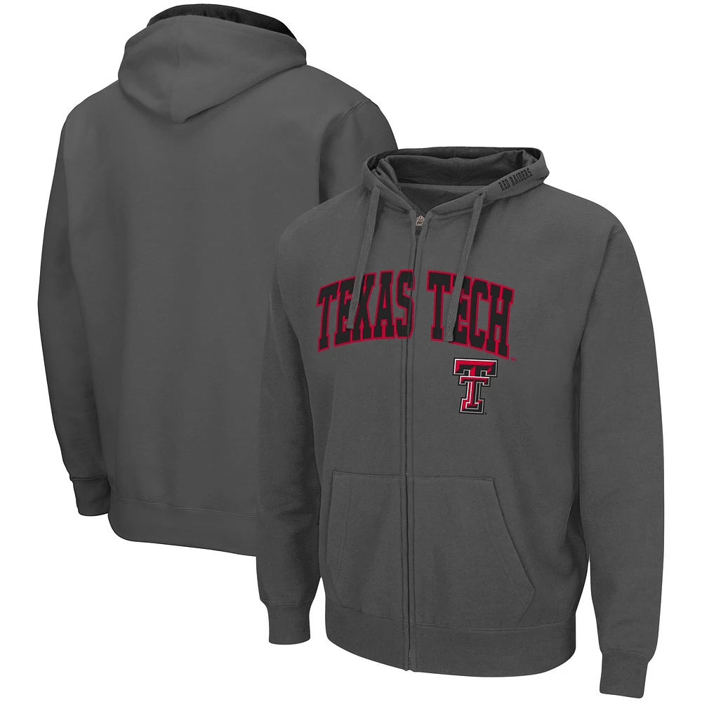 Sweat à capuche entièrement zippé pour homme Colosseum Charcoal Texas Tech Red Raiders Arch & Logo 3.0