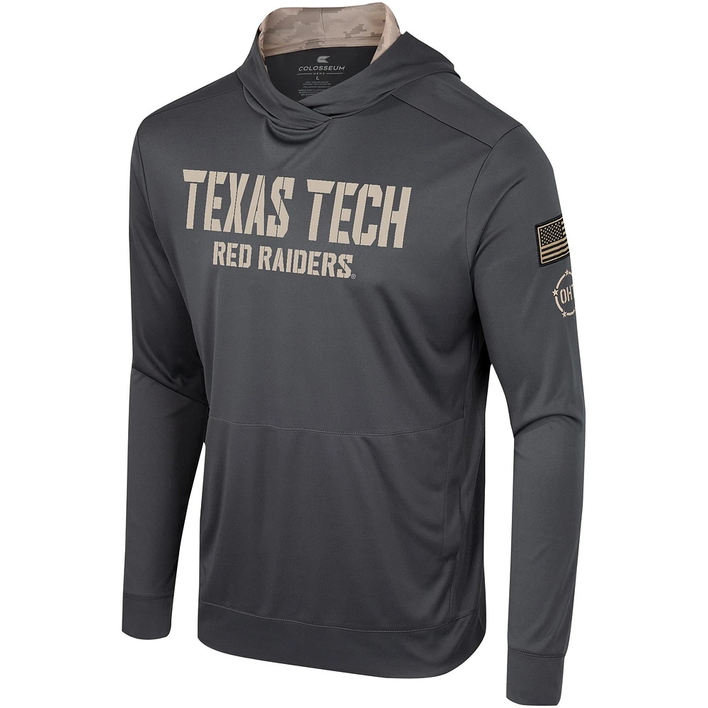 T-shirt à capuche manches longues pour hommes Colosseum Charcoal Texas Tech Red Raiders OHT Military Appréciation