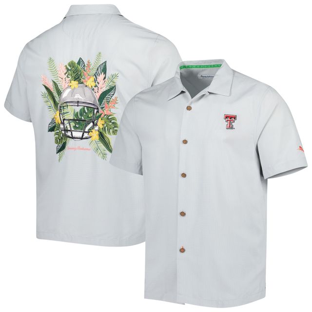 Chemise boutonnée pour homme Tommy Bahama Grey Texas Tech Red Raiders Coconut Point Frondly Fan Camp IslandZone