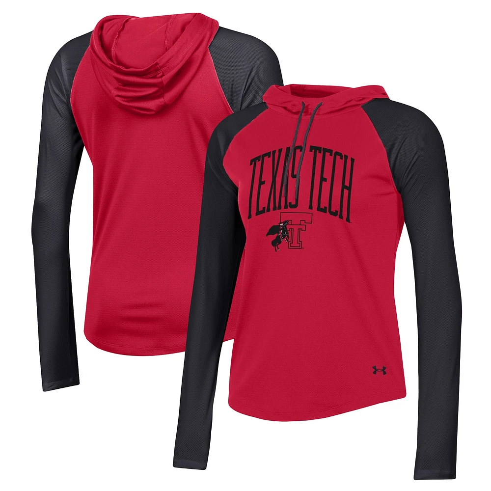 Women's Under Armour Red Texas Tech Raiders Gameday Mesh Performance Raglan Hooded Long Sleeve T-Shirt