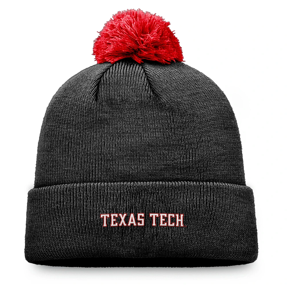 Bonnet en tricot à revers avec pompon pour jeunes Top of the World, noir, Texas Tech, Red Raiders